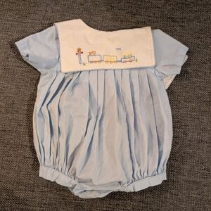 Vintage Light Blue Baby Romper with Train Embroidery